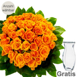 Blumen und Präsente von FloraPrima. Angebot "Oranger Rosenstrauß mit Vase" ab 24.99 zzgl. Lieferung.